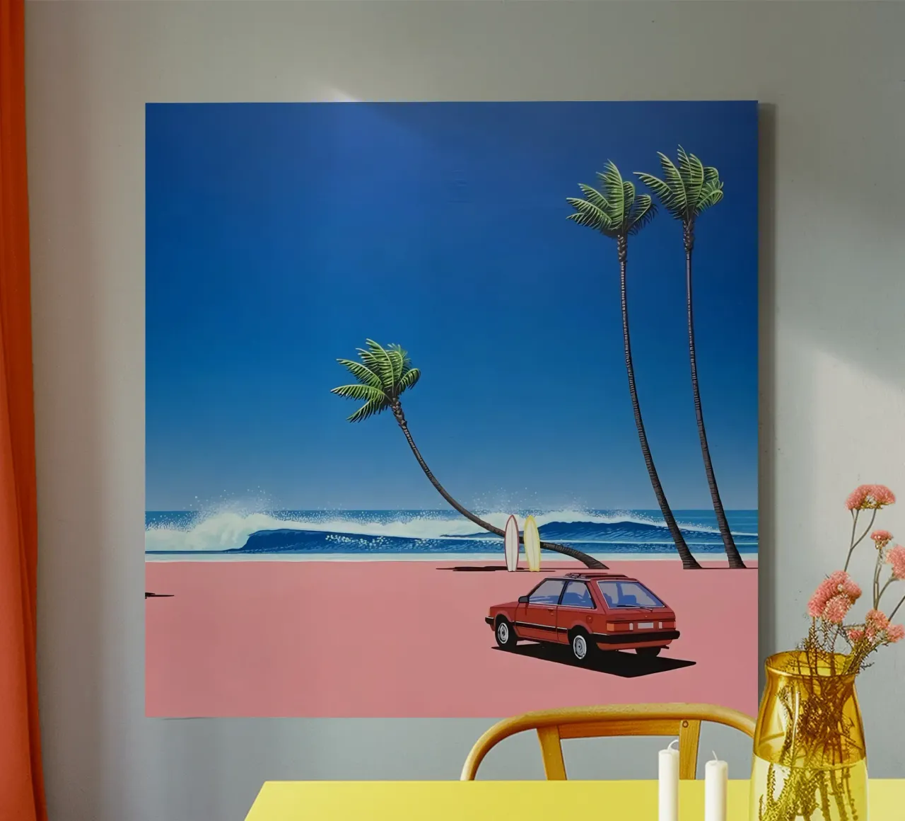 Auto rossa su una bella spiaggia tela con Cornice a cassetta da HKS JAPANESESTORE