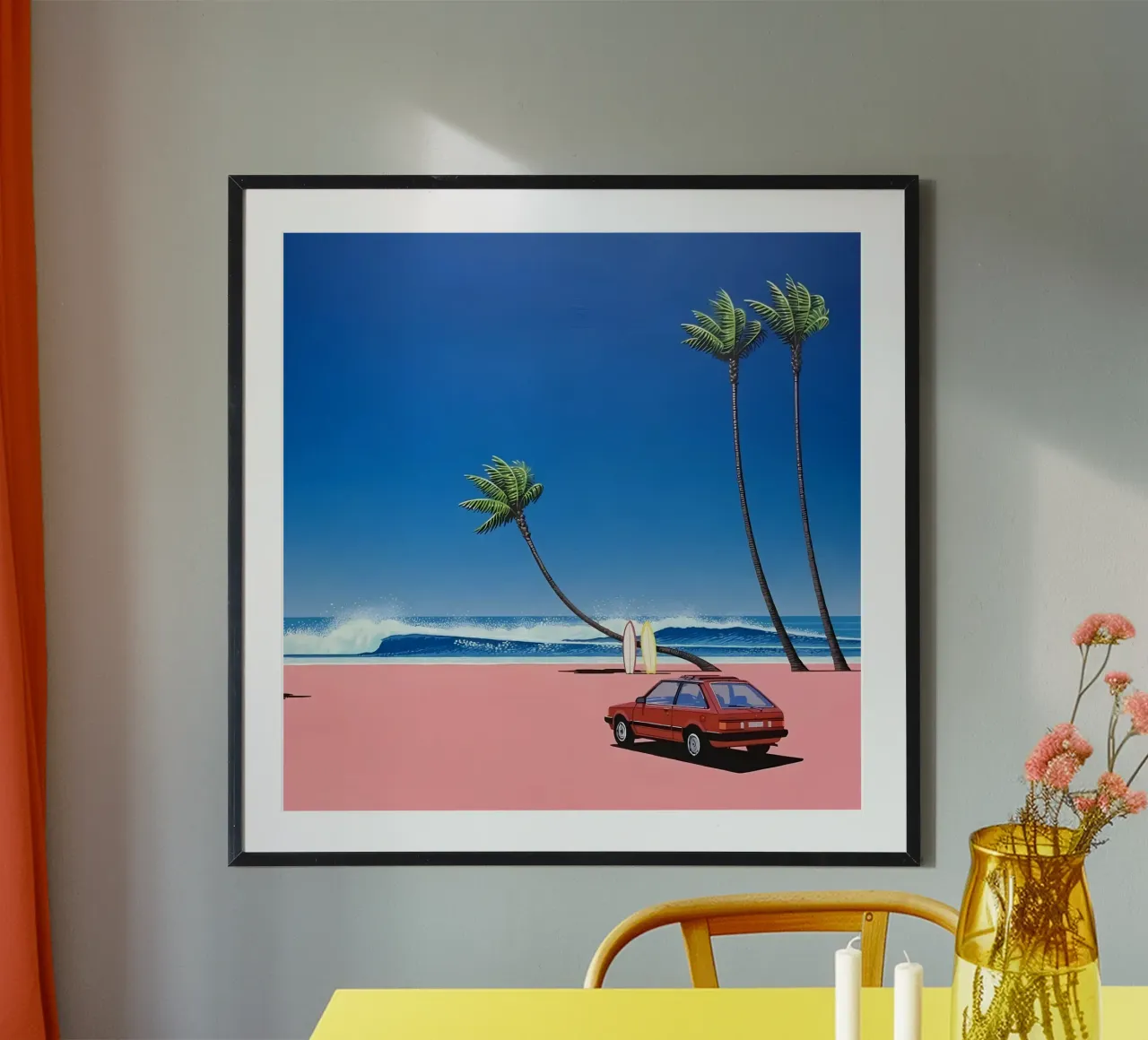 Auto rossa su una bella spiaggia poster con telaio in plastica da HKS JAPANESESTORE