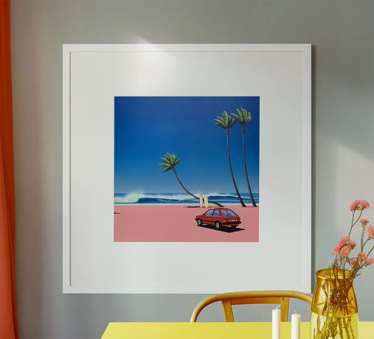 Auto rossa su una bella spiaggia poster con telaio in plastica da HKS JAPANESESTORE