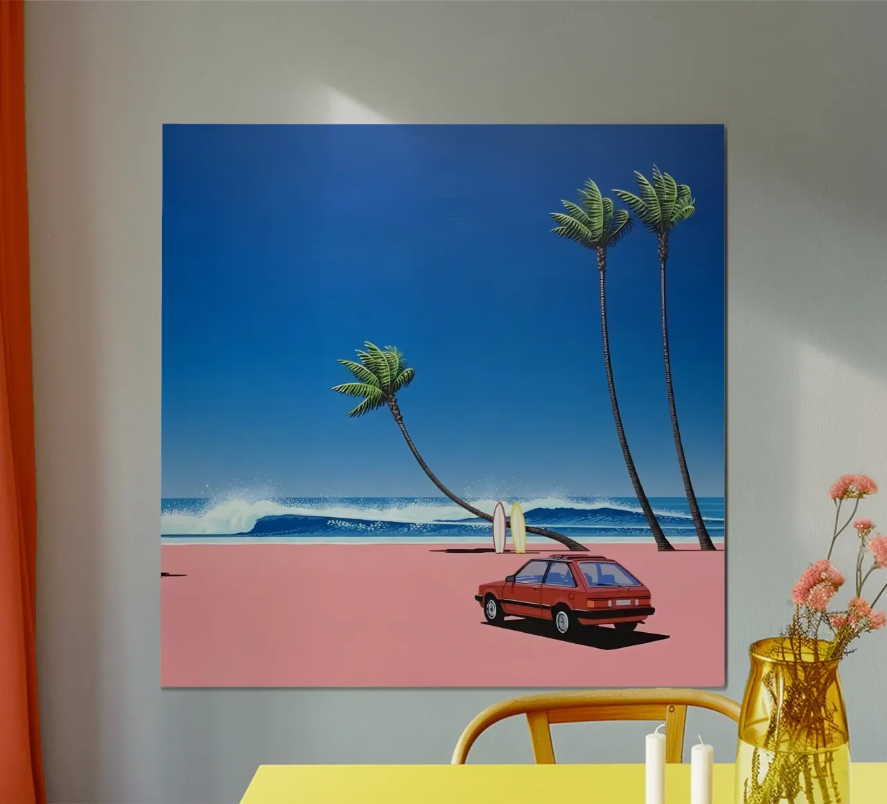 Auto rossa su una bella spiaggia poster con telaio in plastica da HKS JAPANESESTORE