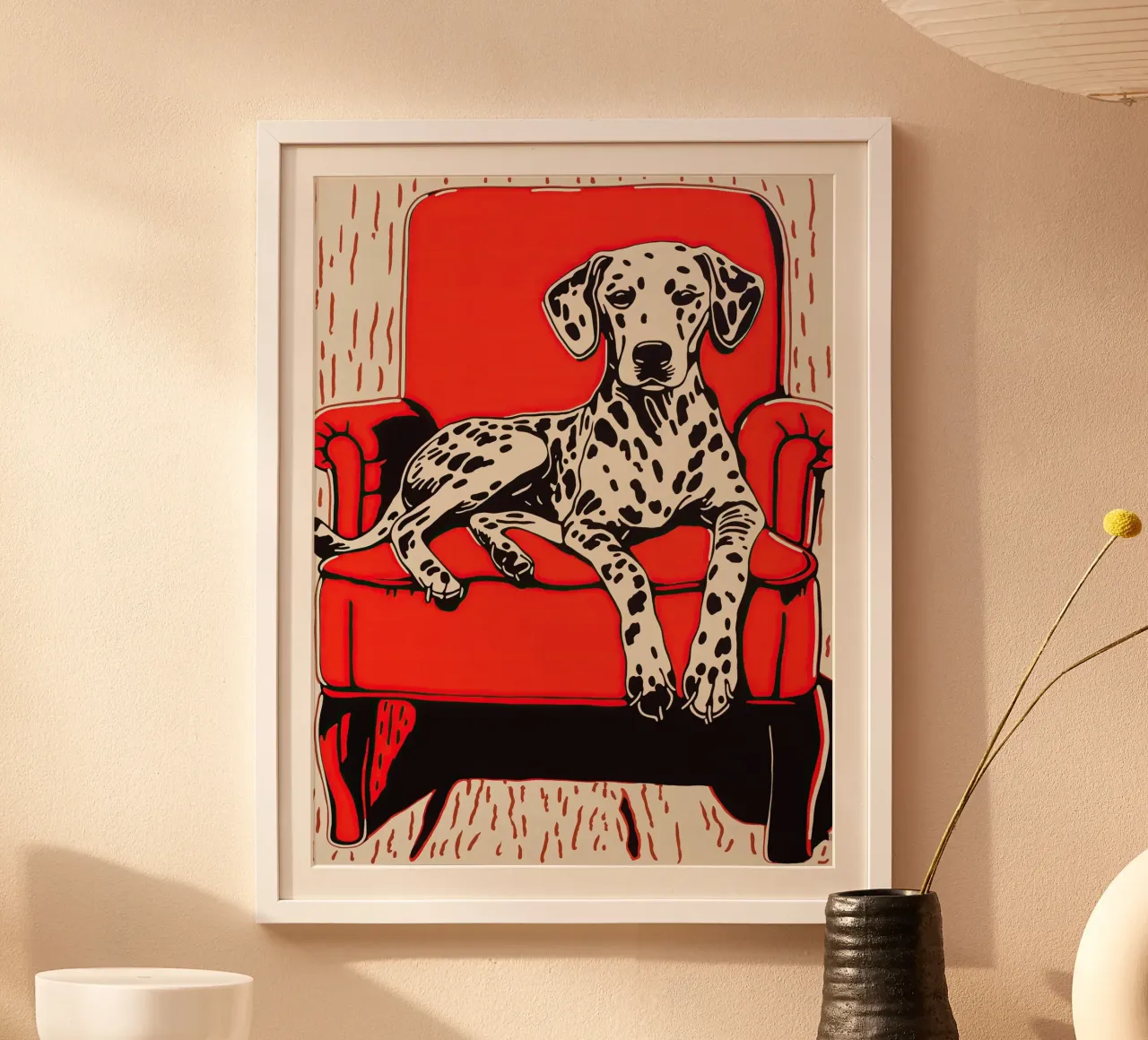 Dalmata accogliente in poltrona | Retro Pop Art poster con telaio in legno da Autofocus