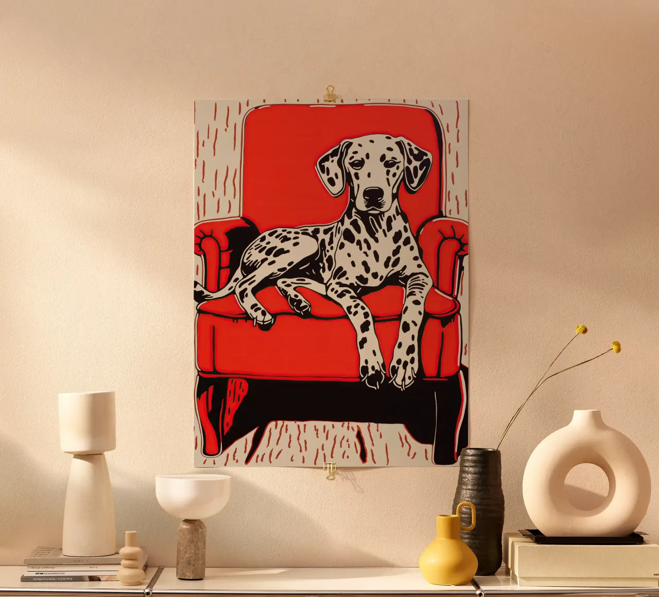 Dalmata accogliente in poltrona | Retro Pop Art poster con telaio in legno da Autofocus