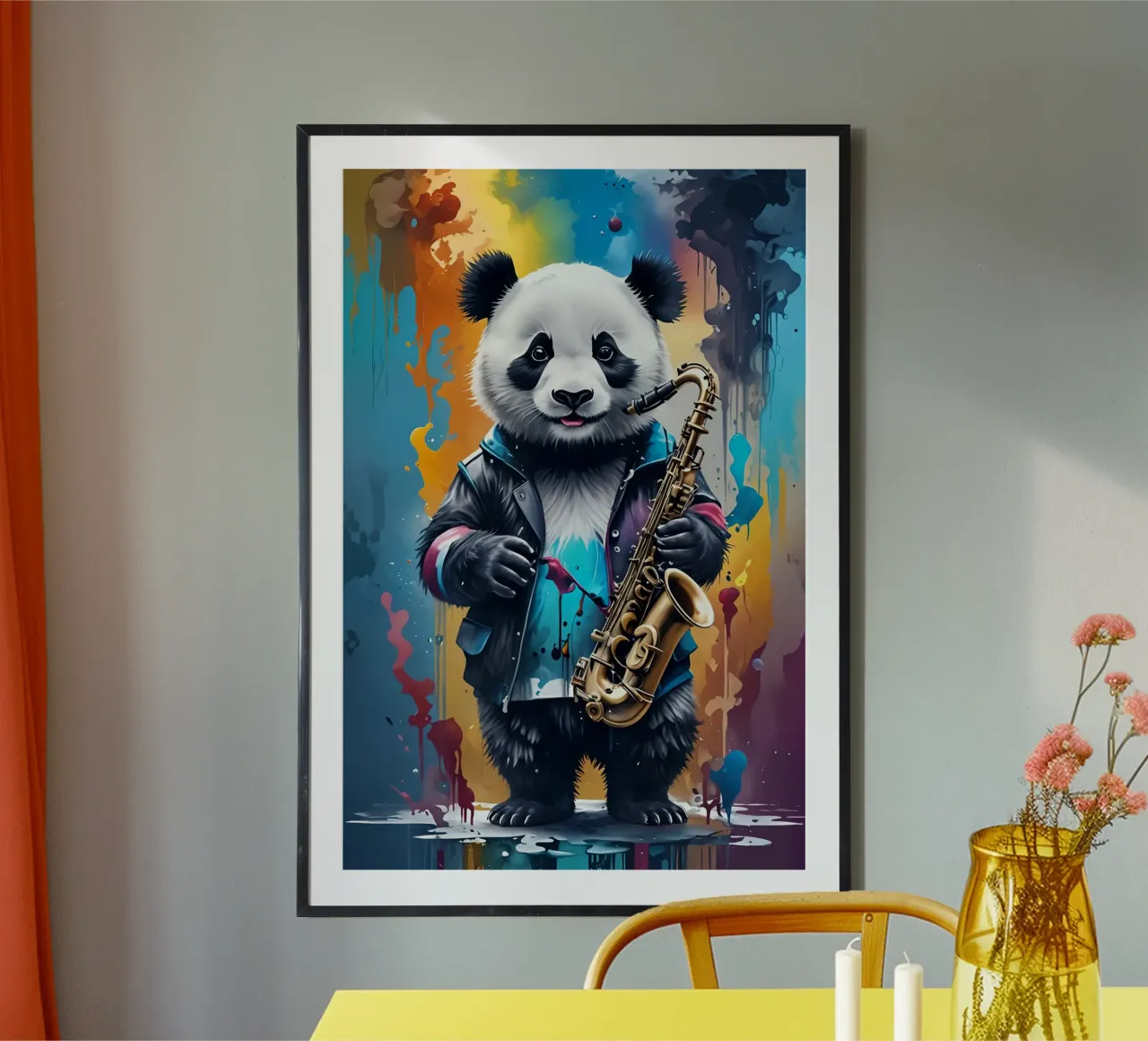 Panda e sassofono poster con telaio in plastica da MakArena