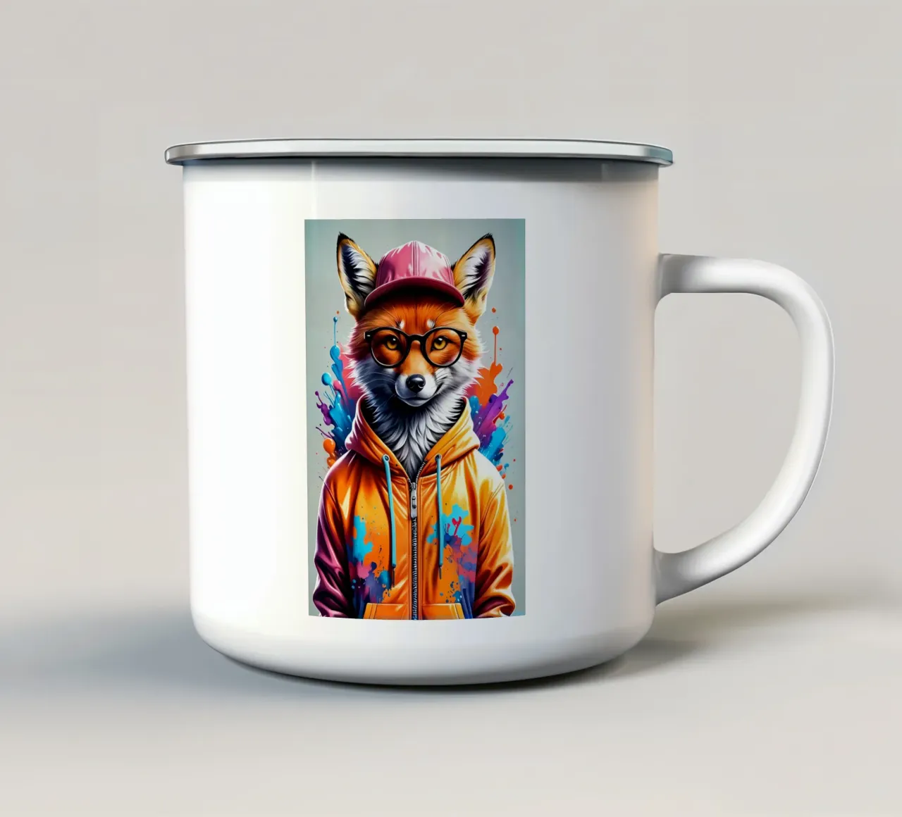 Volpe con berretto e felpa con cappuccio tazza in smalto da MakArena