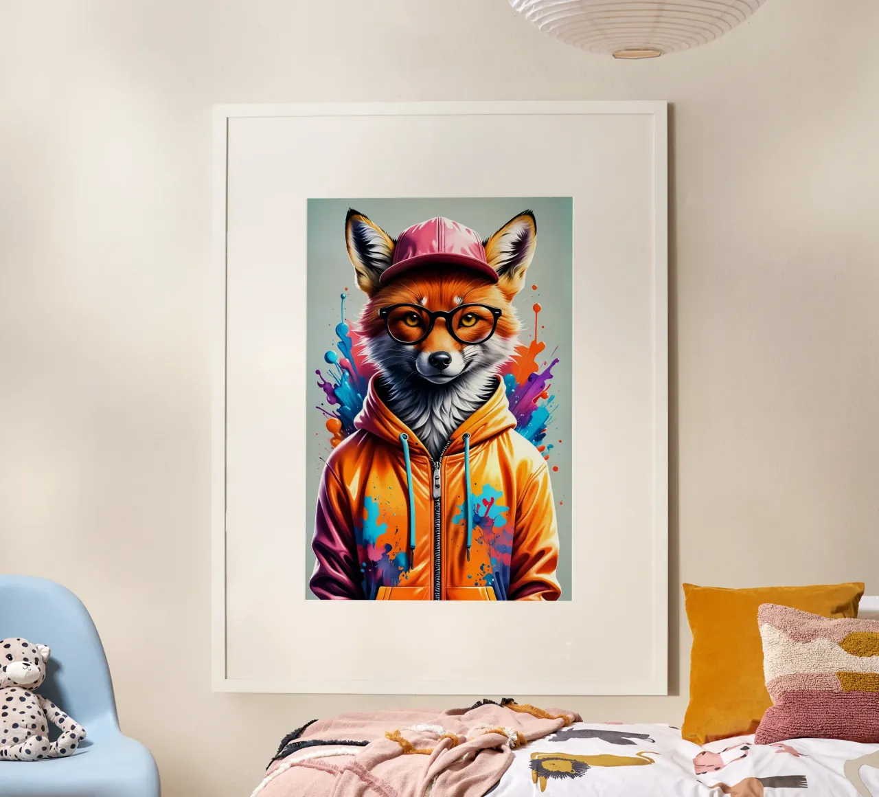 Volpe con berretto e felpa con cappuccio poster con telaio in legno da MakArena