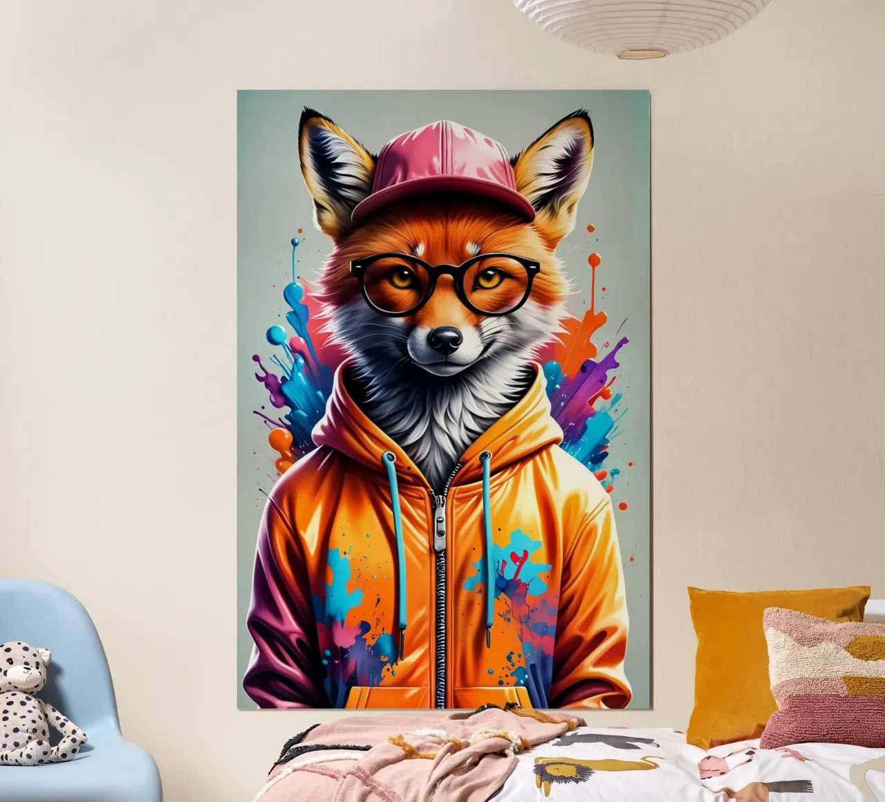 Volpe con berretto e felpa con cappuccio poster con telaio in legno da MakArena