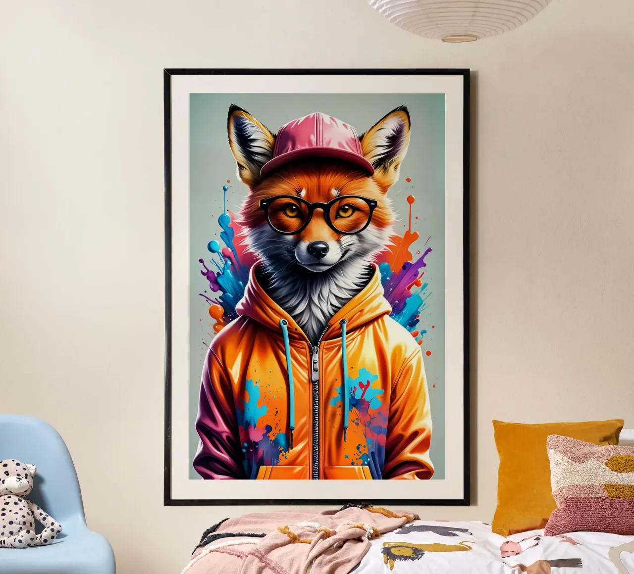 Volpe con berretto e felpa con cappuccio poster con telaio in legno da MakArena