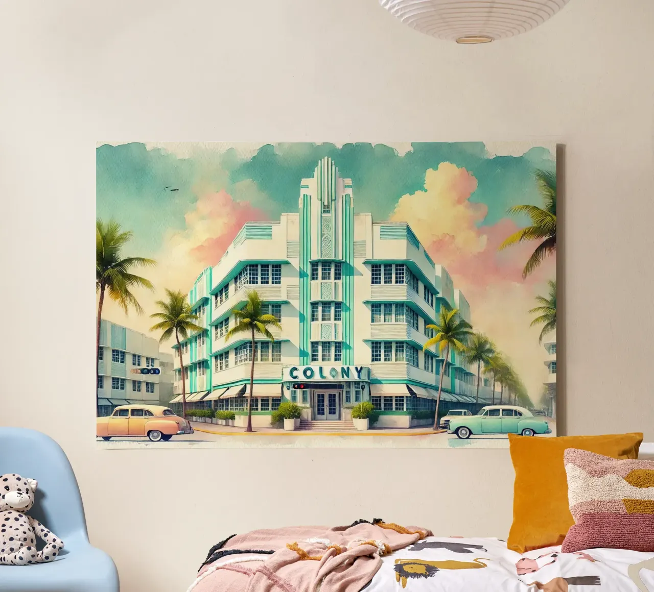 Poster d'epoca dell'hotel Colony, Miami Beach tela con Cornice a cassetta da Chromatic Fusion Studio