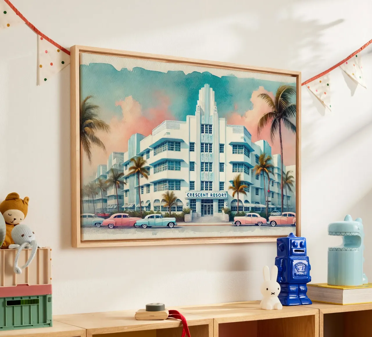 Poster d'epoca del Crescent Resort, Miami Beach tela con Cornice a cassetta da Chromatic Fusion Studio
