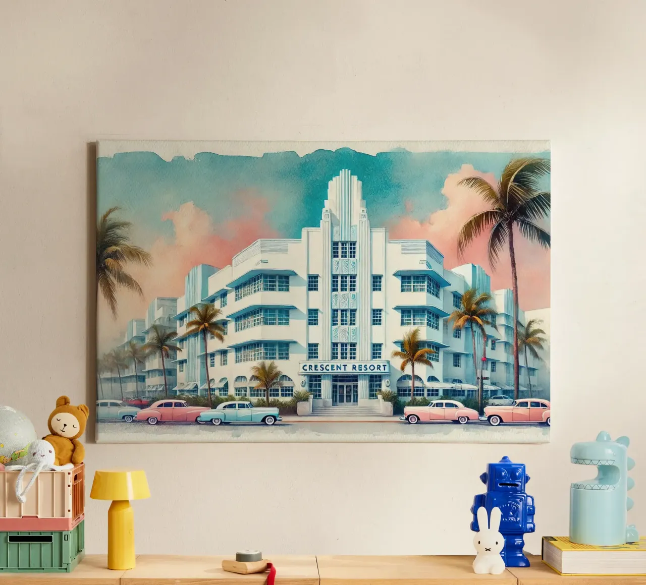 Poster d'epoca del Crescent Resort, Miami Beach tela con Cornice a cassetta da Chromatic Fusion Studio