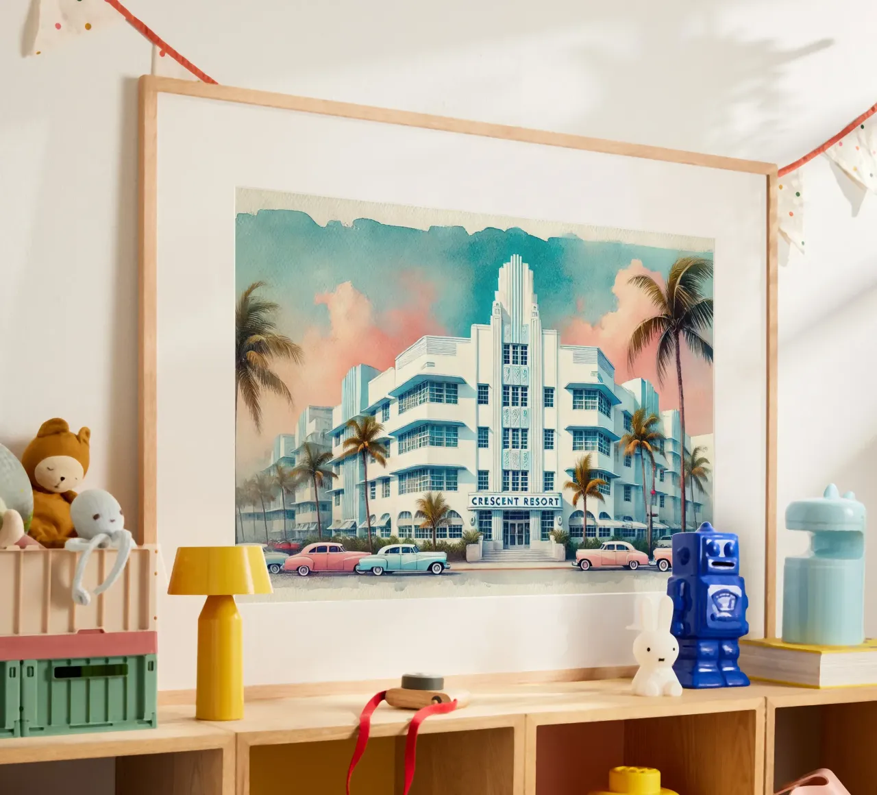 Poster d'epoca del Crescent Resort, Miami Beach poster con telaio in legno da Chromatic Fusion Studio
