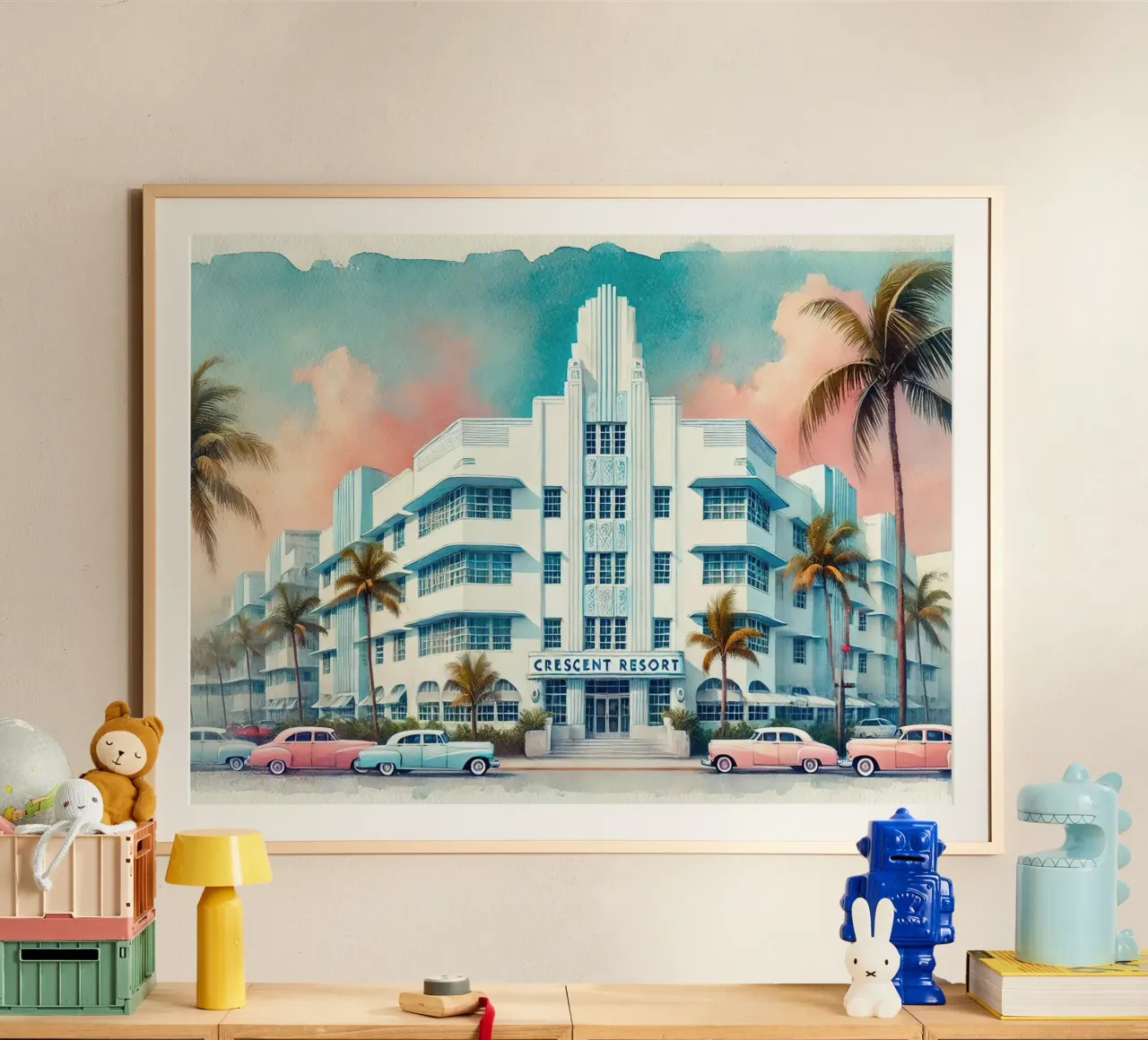 Poster d'epoca del Crescent Resort, Miami Beach poster con telaio in legno da Chromatic Fusion Studio