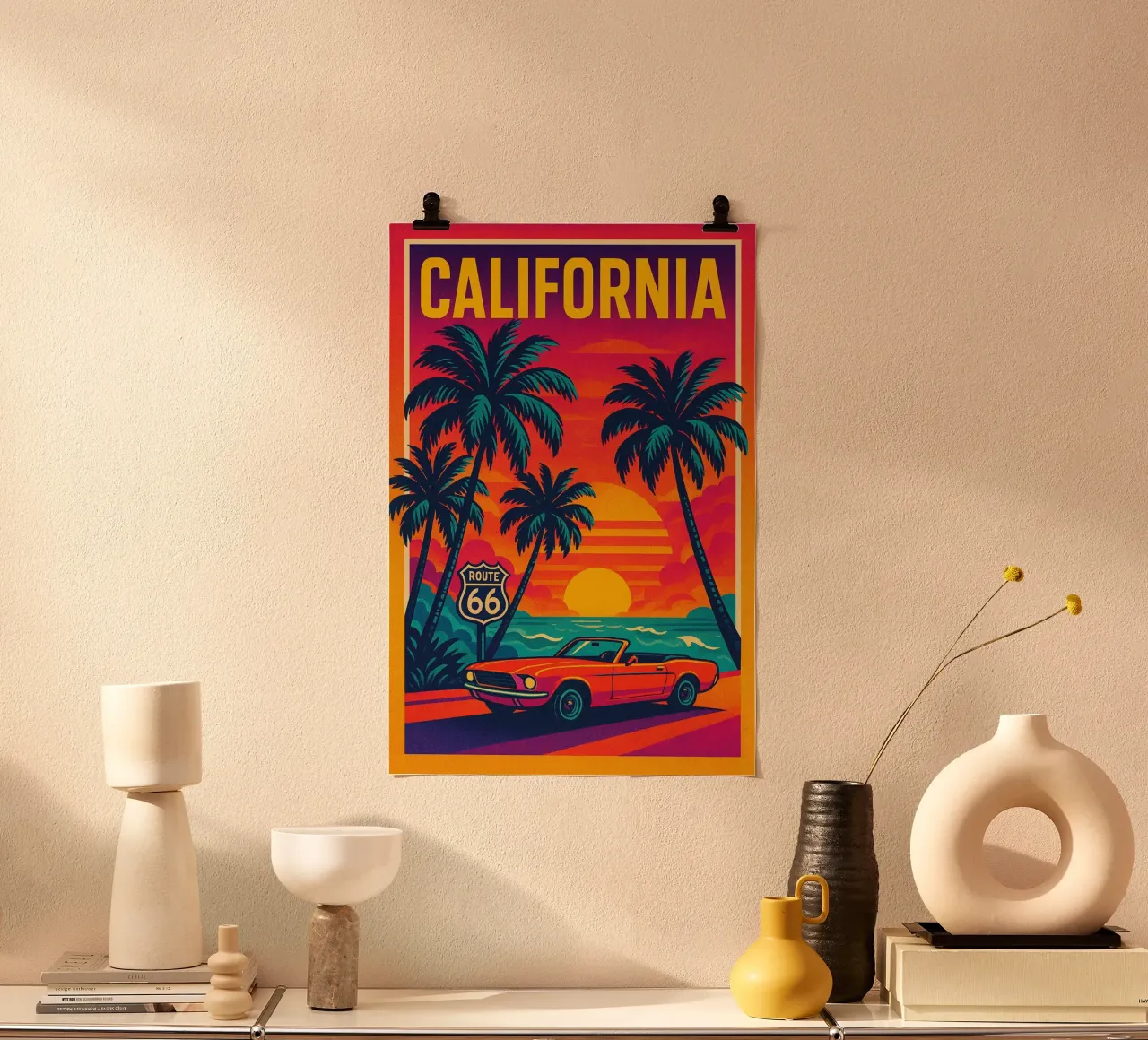 Poster vintage della California - Route 66 e auto decappottabile poster con telaio in plastica da JETLAG | affiches voyage