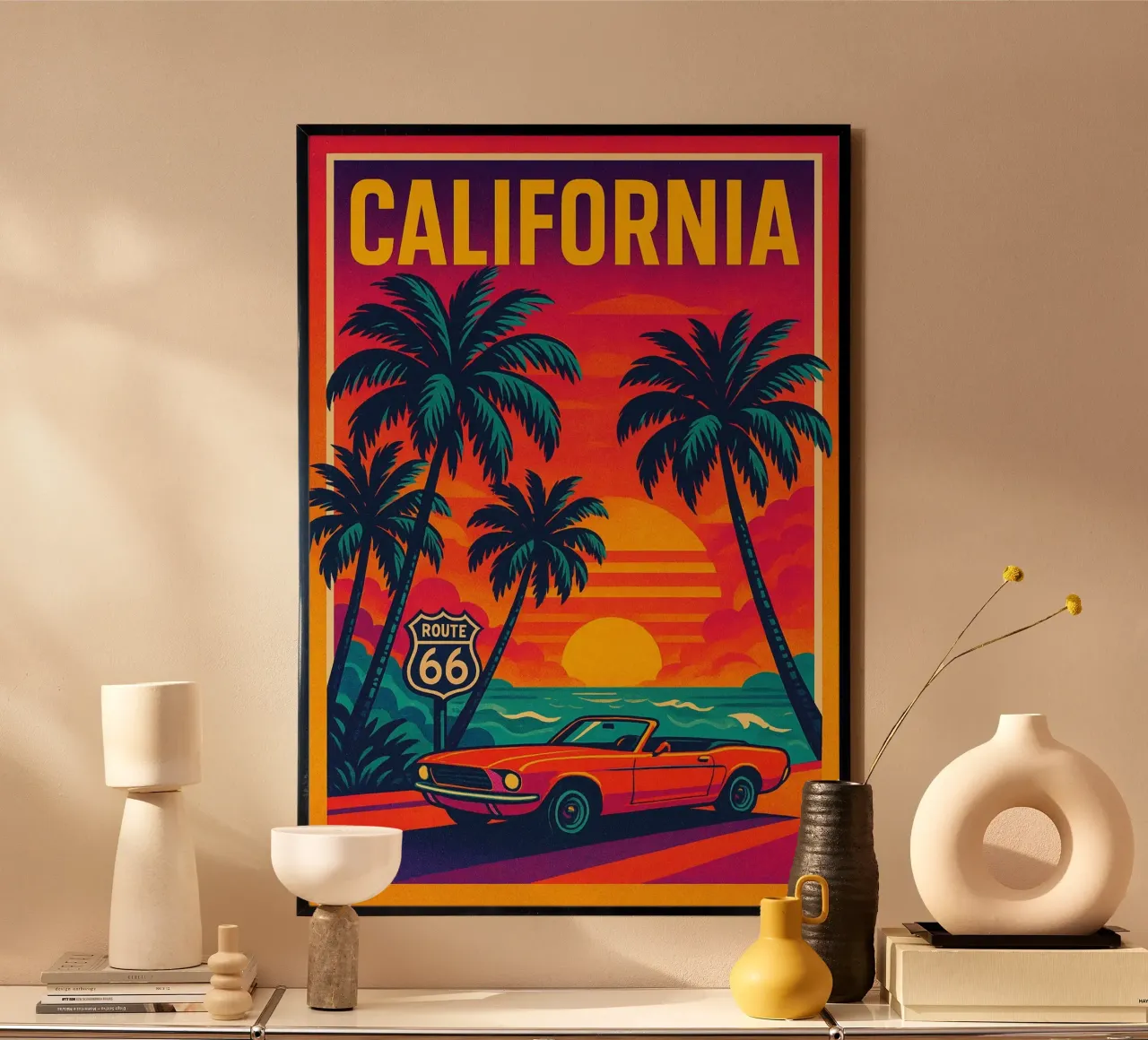 Poster vintage della California - Route 66 e auto decappottabile poster con telaio in plastica da JETLAG | affiches voyage