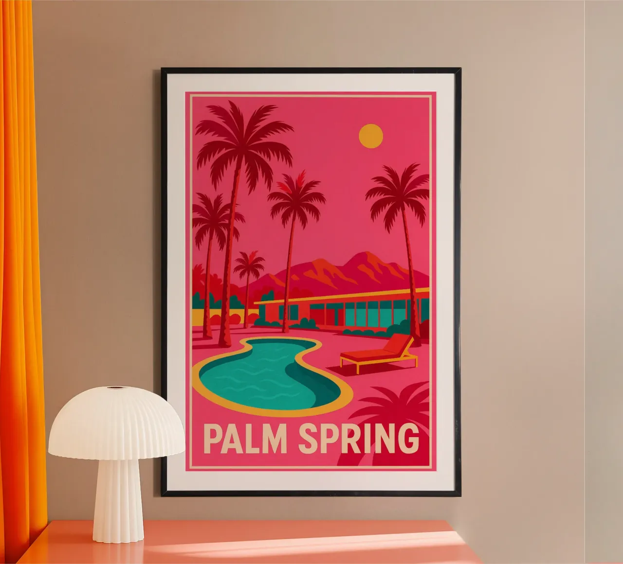 Affiche Palm Spring - Piscine, Palmiers et Architecture poster con marco de madera de JETLAG | affiches voyage