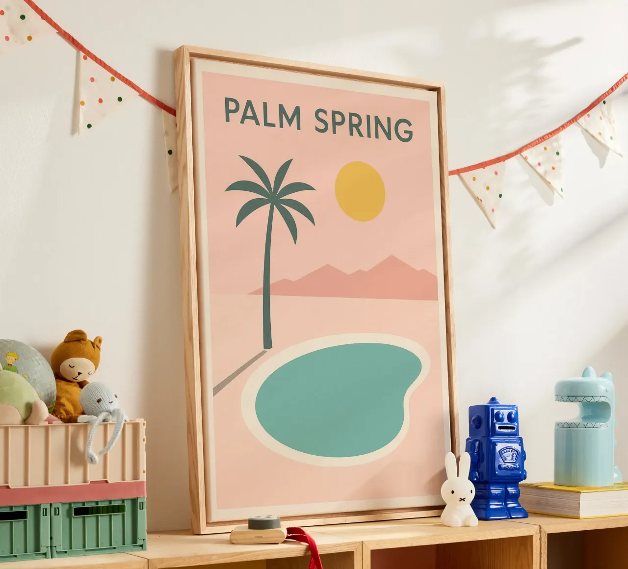Affiche Minimaliste Palm Spring – Piscine et Soleil tela con Cornice a cassetta da JETLAG | affiches voyage