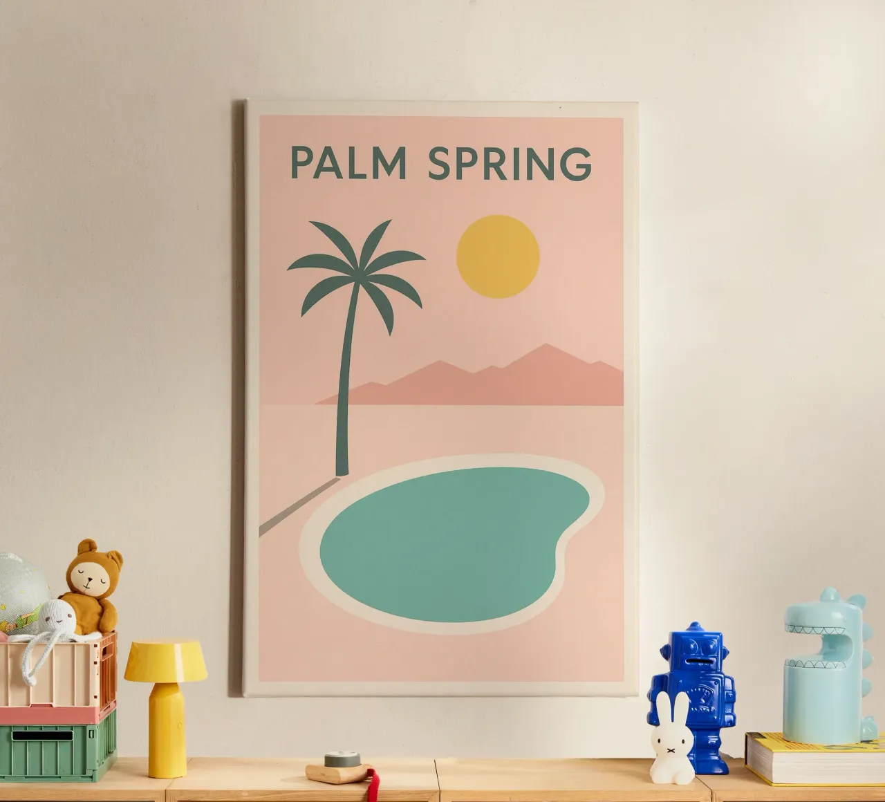Affiche Minimaliste Palm Spring – Piscine et Soleil tela con Cornice a cassetta da JETLAG | affiches voyage