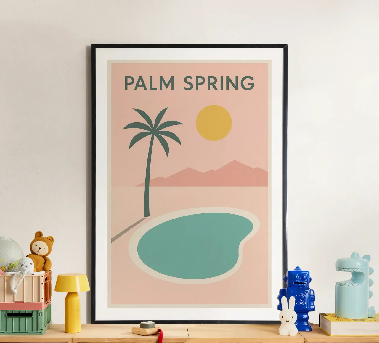 Affiche Minimaliste Palm Spring – Piscine et Soleil poster con telaio in plastica da JETLAG | affiches voyage