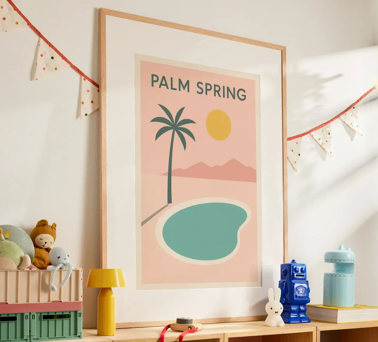 Affiche Minimaliste Palm Spring – Piscine et Soleil poster con telaio in plastica da JETLAG | affiches voyage