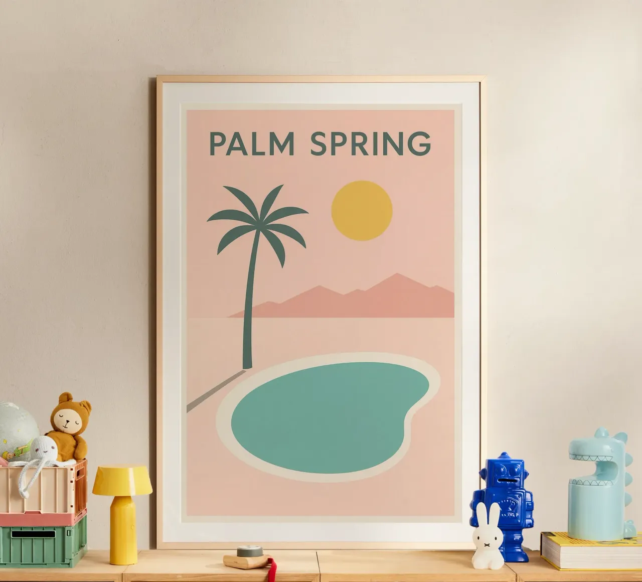 Affiche Minimaliste Palm Spring – Piscine et Soleil poster con telaio in plastica da JETLAG | affiches voyage