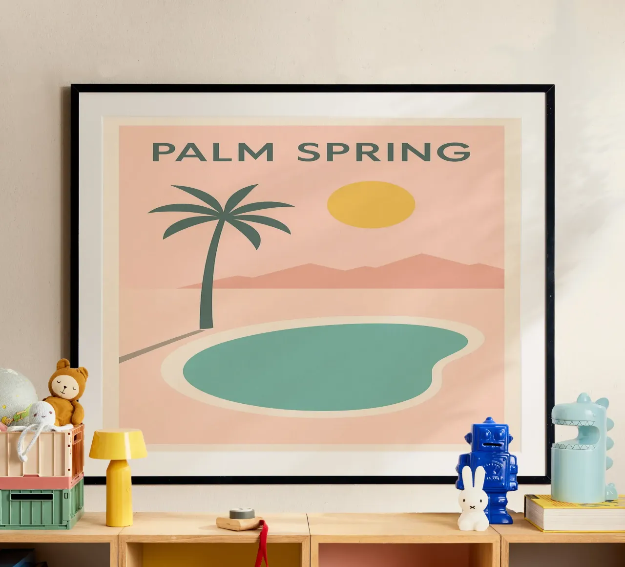 Affiche Minimaliste Palm Spring – Piscine et Soleil poster con telaio in plastica da JETLAG | affiches voyage