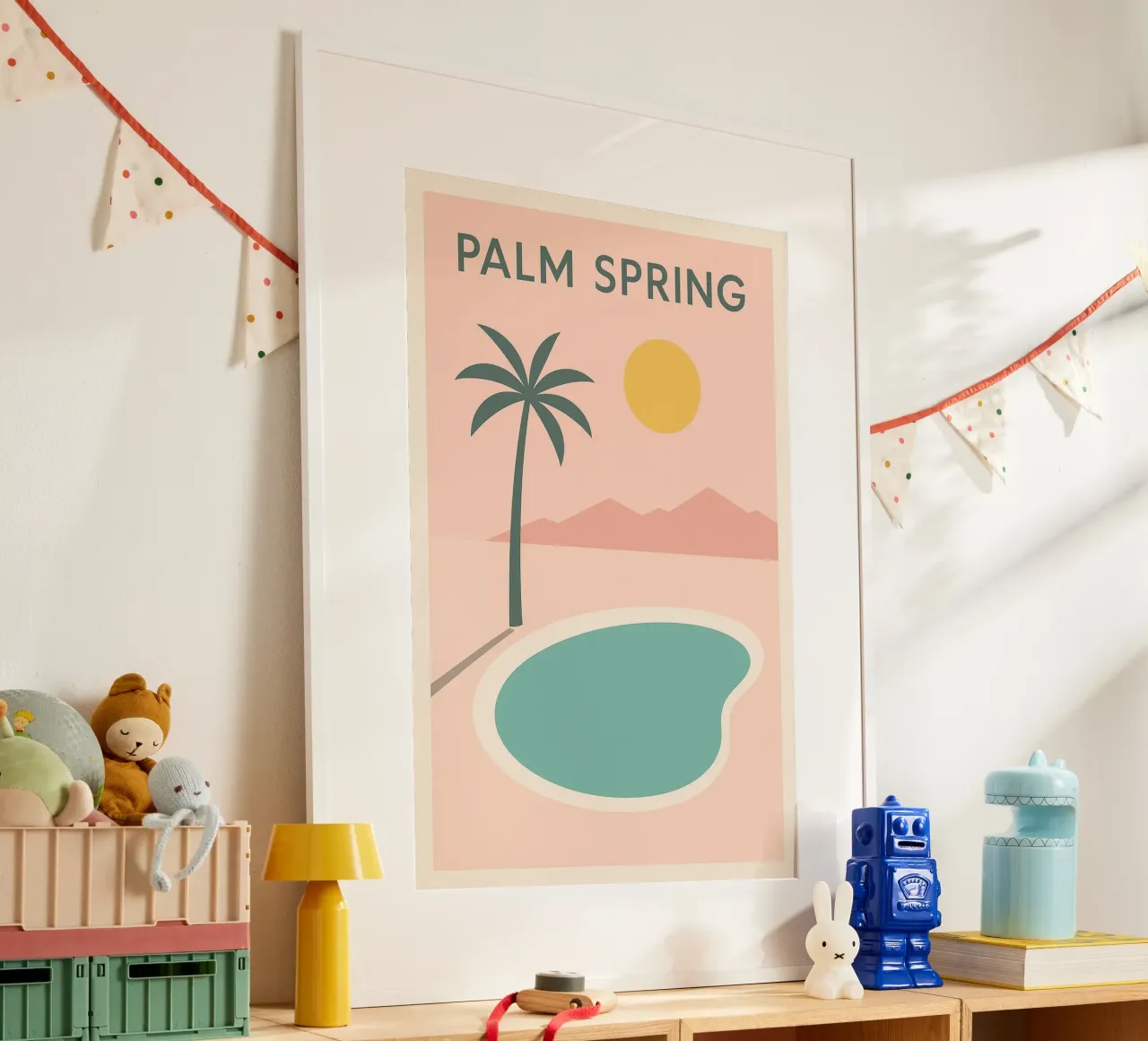 Affiche Minimaliste Palm Spring – Piscine et Soleil poster con telaio in plastica da JETLAG | affiches voyage