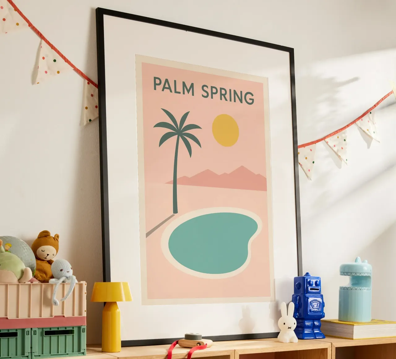 Affiche Minimaliste Palm Spring – Piscine et Soleil poster con telaio in plastica da JETLAG | affiches voyage