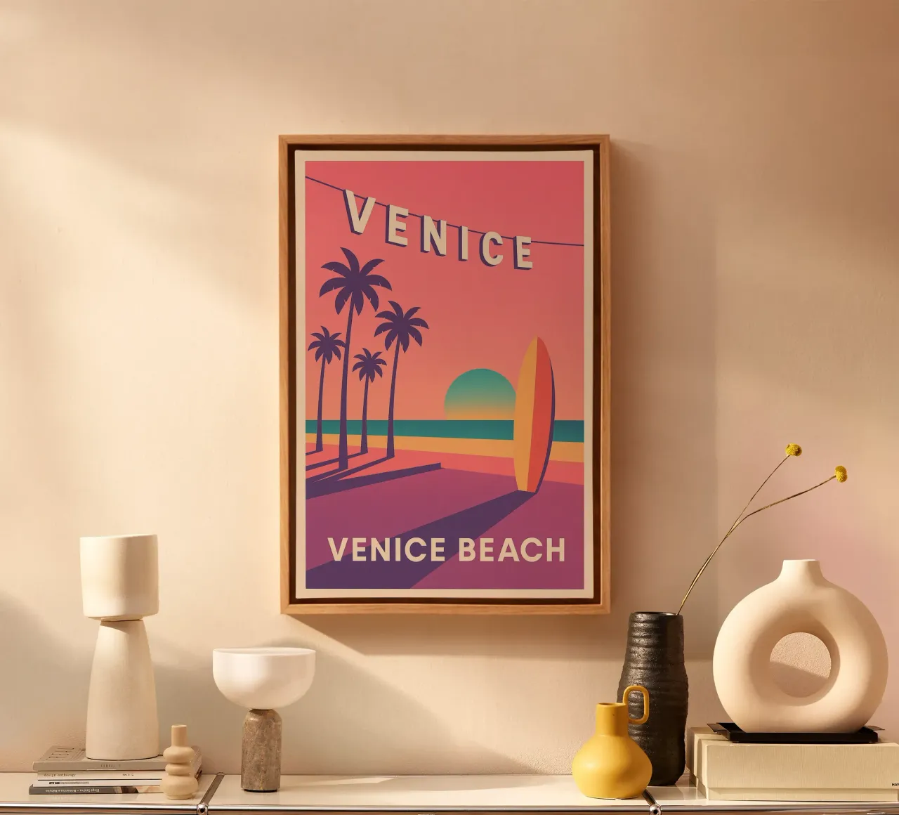 Venice Beach Poster - Surf and Palm Trees at Sunset canvas with Floater frame by JETLAG | affiches voyage