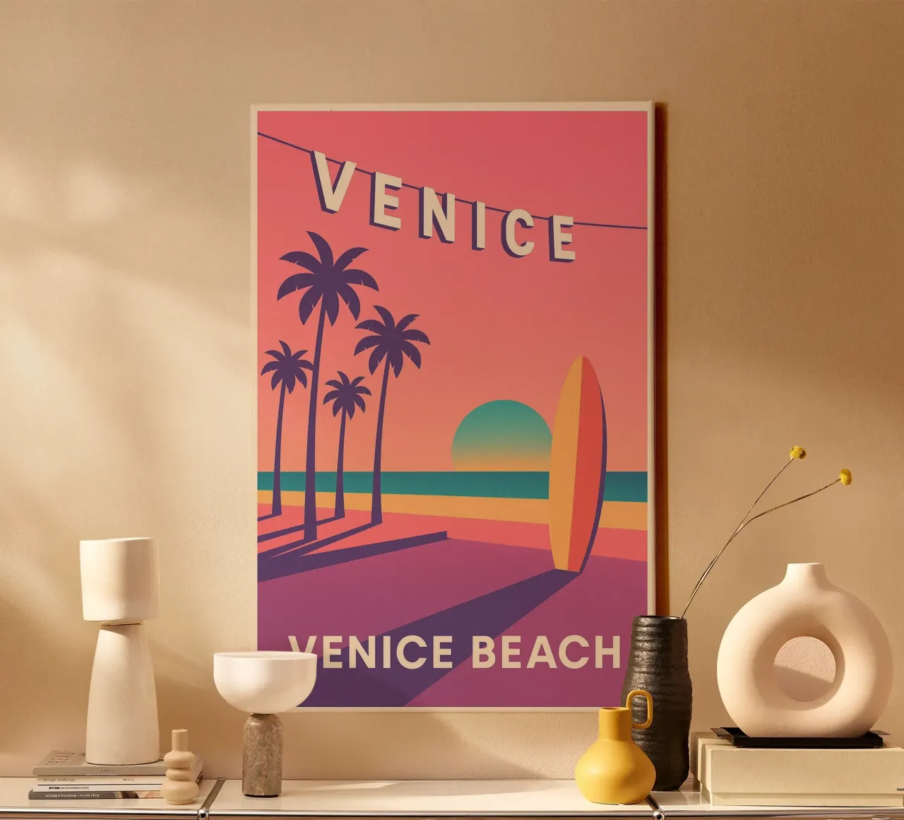 Venice Beach Poster - Surf and Palm Trees at Sunset canvas with Floater frame by JETLAG | affiches voyage