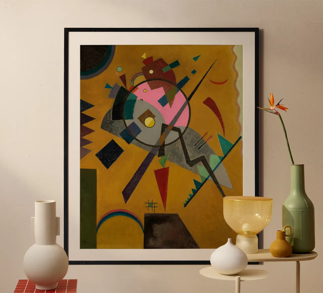 Wassily Kandinsky - Rozen met grijs- Abstracte kunst poster met houten frame van Aesthetic Muse