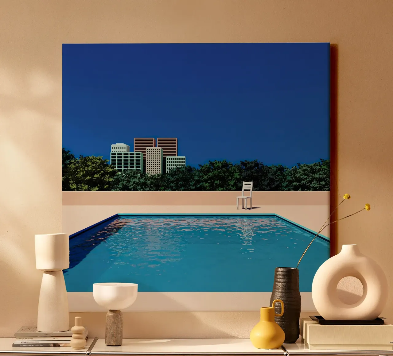 Empty Sunny City Pool Leinwand mit Schattenfugenrahmen von Leonard Barreiro