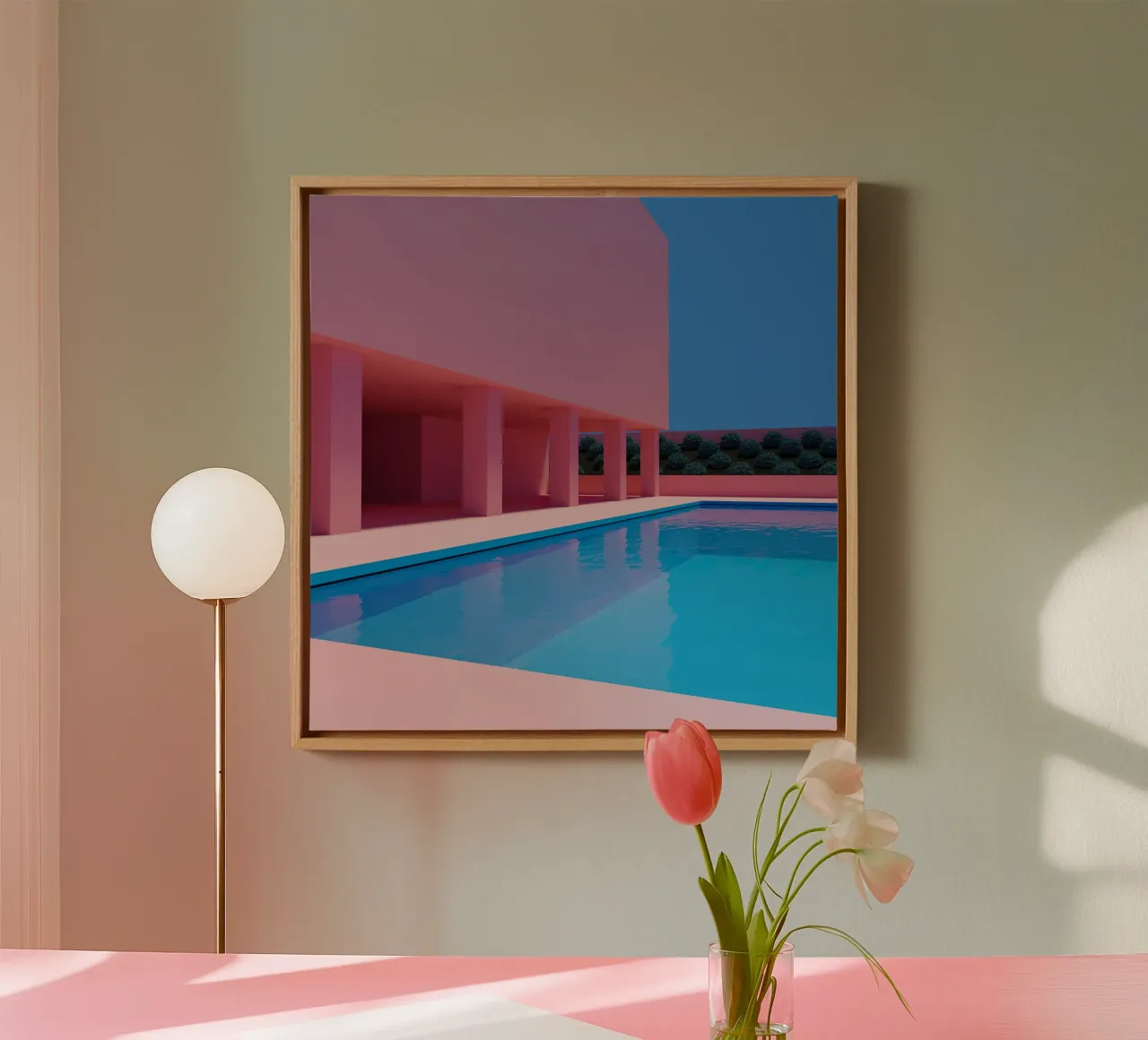 Liminal Pool Pink Building canvas met Baklijst van Leonard Barreiro