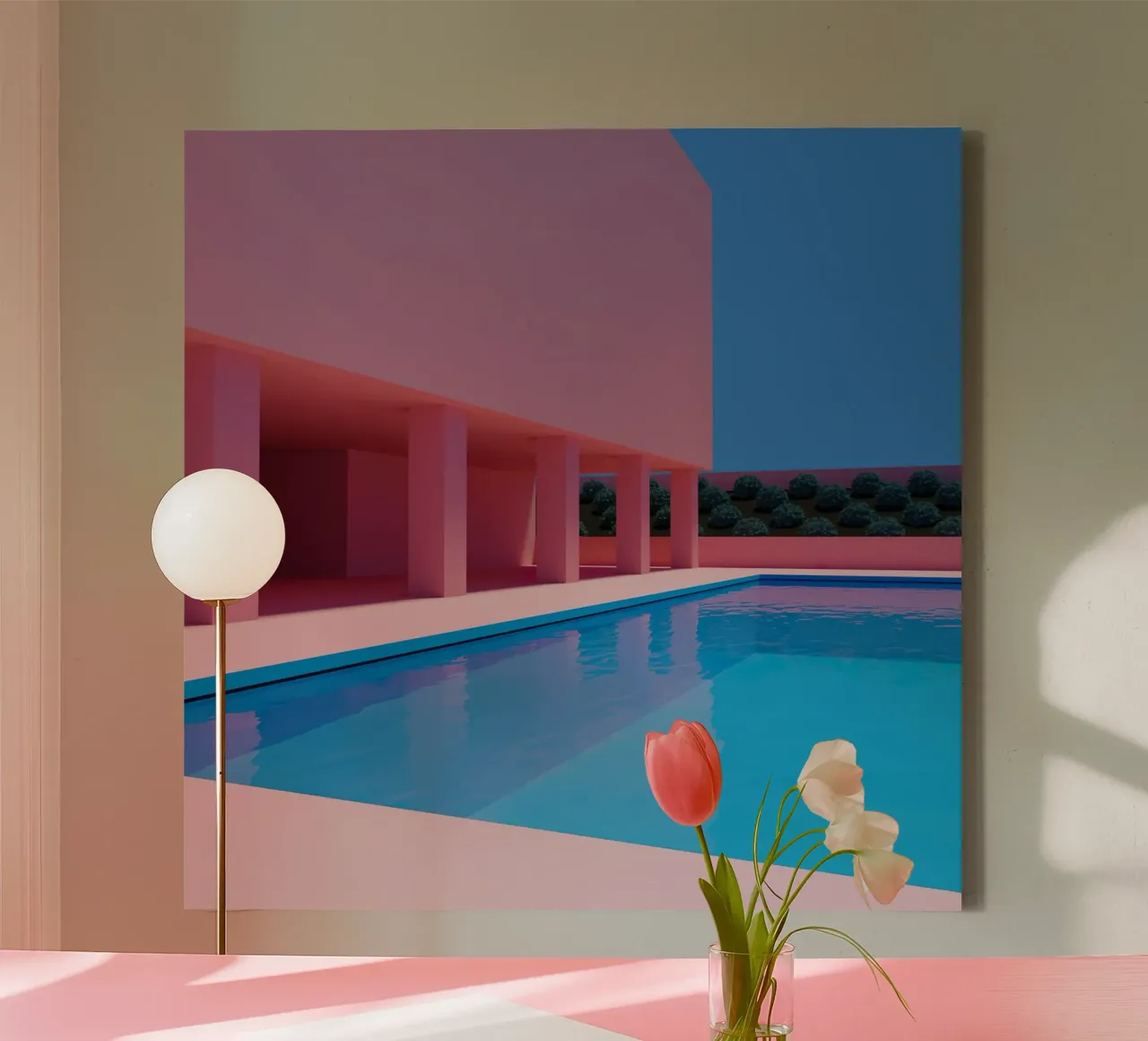 Liminal Pool Pink Building canvas met Baklijst van Leonard Barreiro