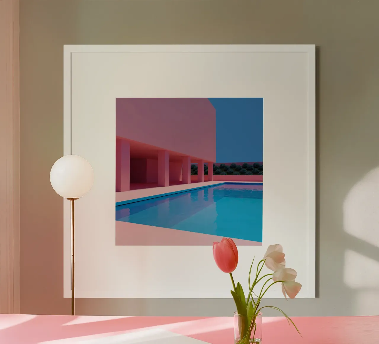 Liminal Pool Pink Building poster con telaio in plastica da Leonard Barreiro