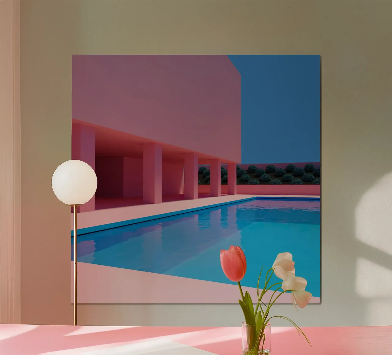 Liminal Pool Pink Building poster con telaio in plastica da Leonard Barreiro