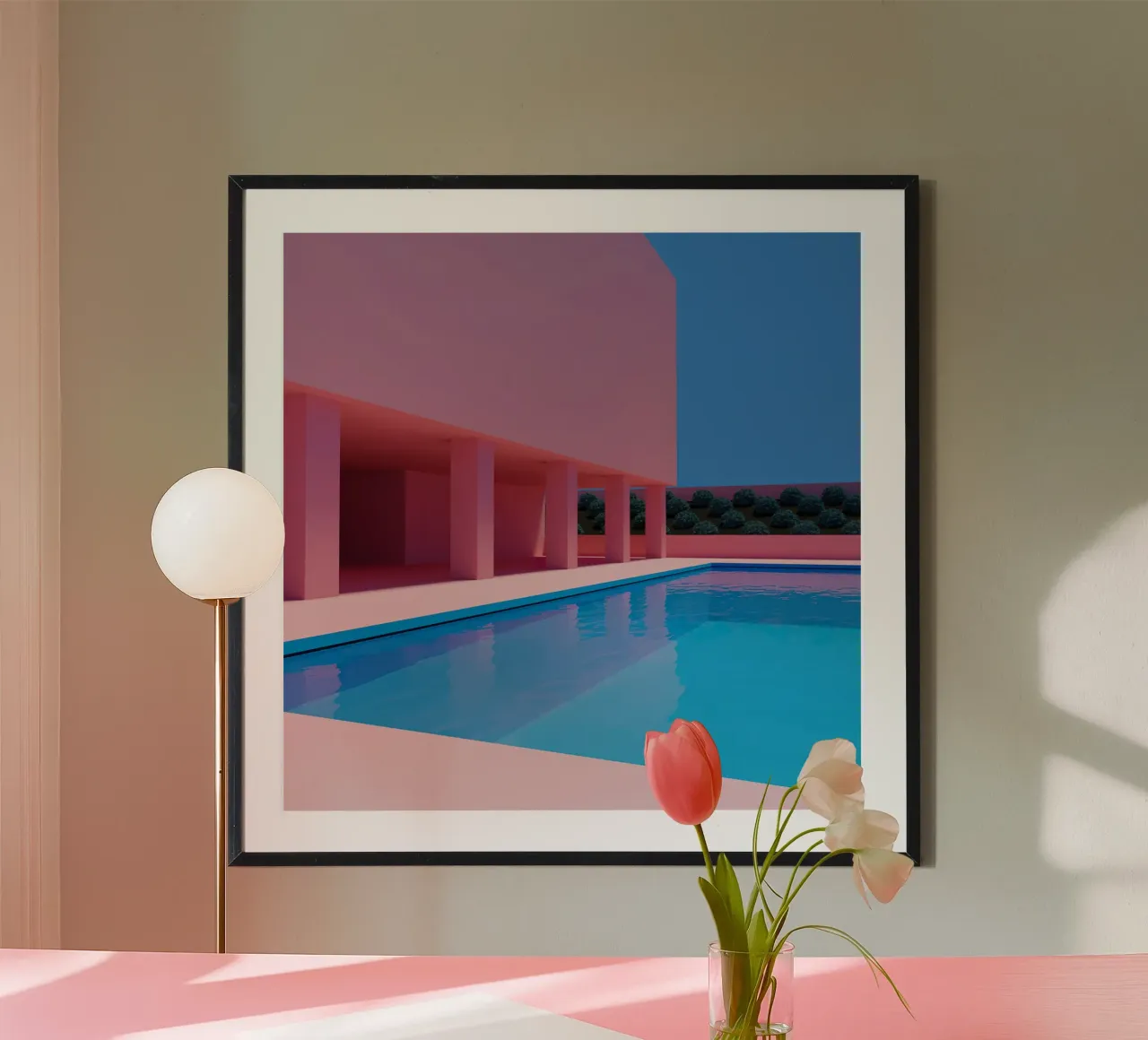 Liminal Pool Pink Building poster con telaio in plastica da Leonard Barreiro