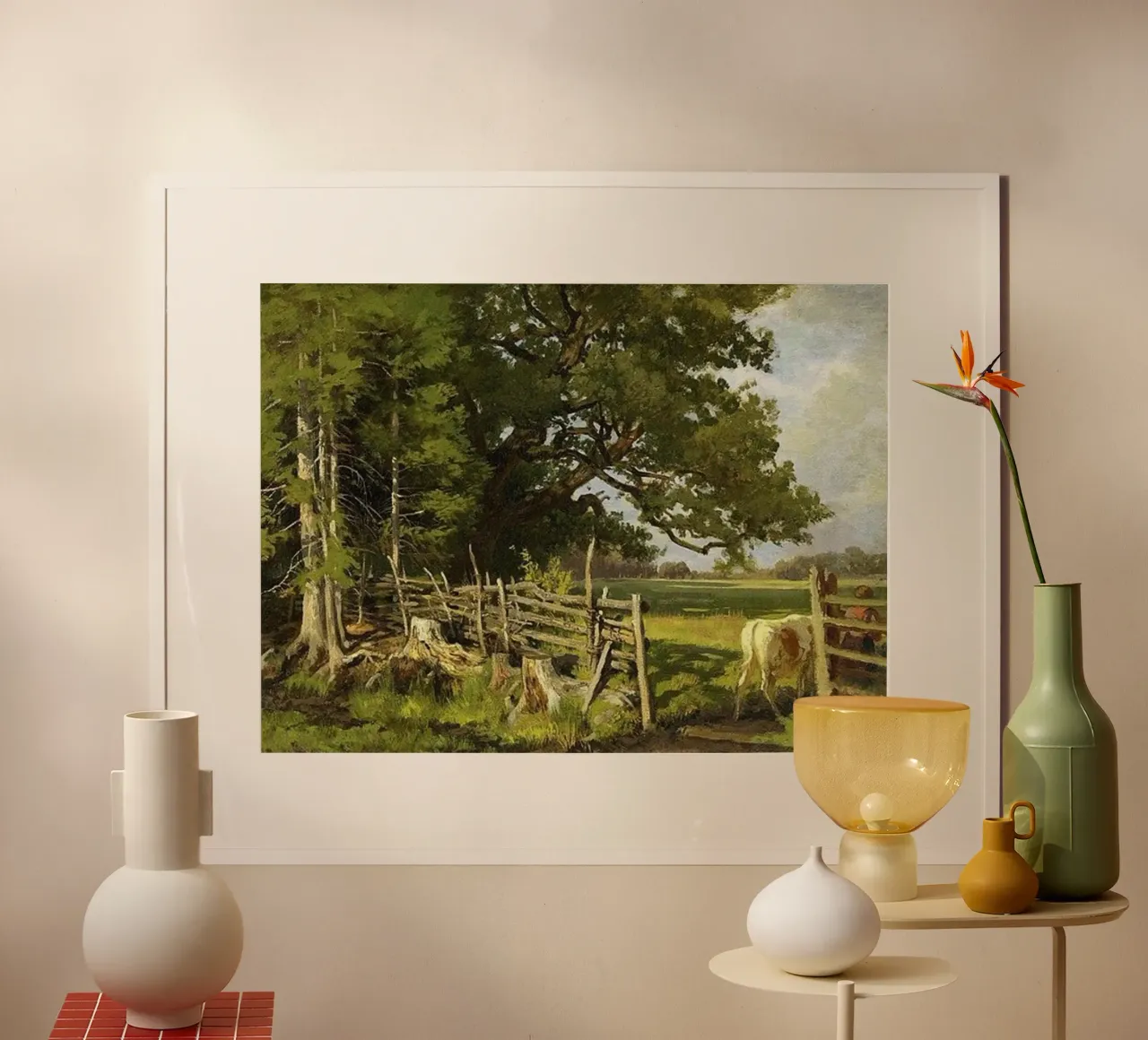 bestiame ai margini della foresta in una recinzione di legno poster con telaio in plastica da pleceng shope