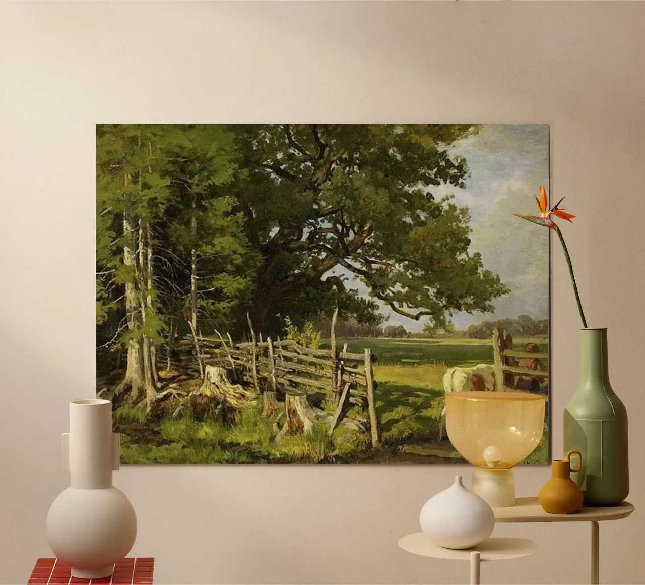 bestiame ai margini della foresta in una recinzione di legno poster con telaio in plastica da pleceng shope