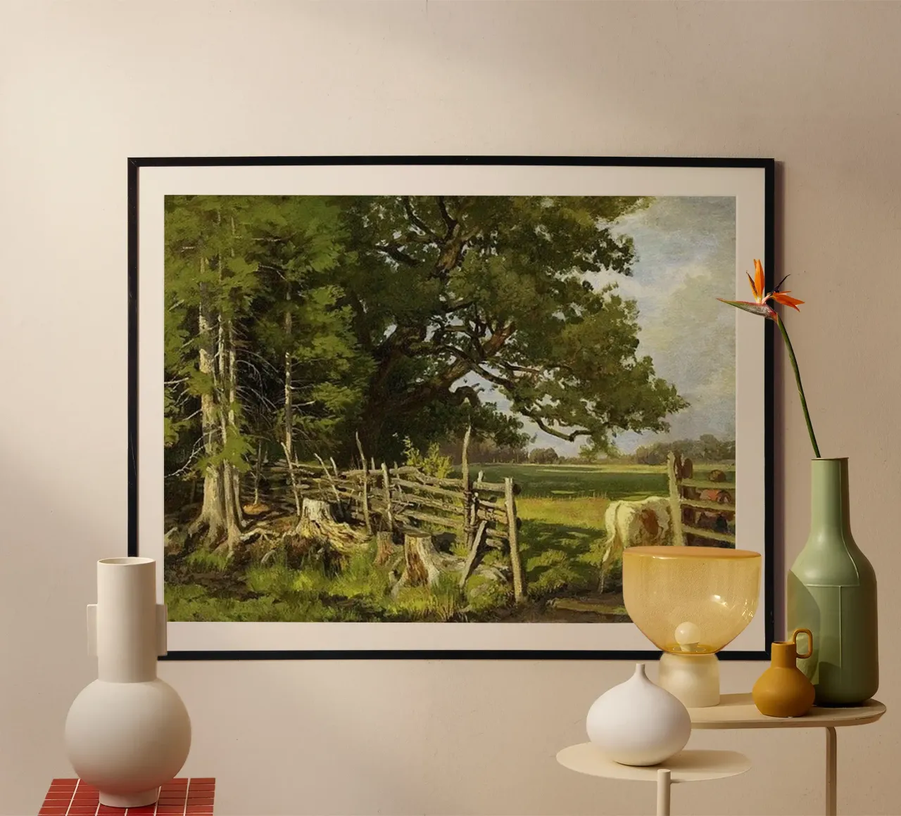 bestiame ai margini della foresta in una recinzione di legno poster con telaio in plastica da pleceng shope