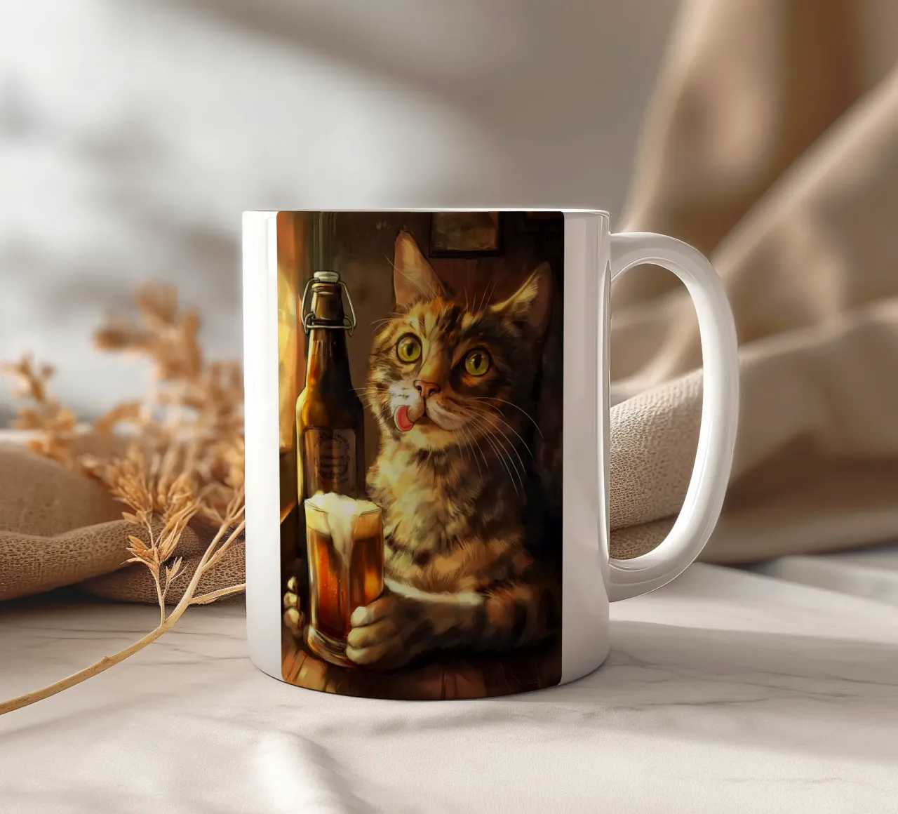 Il gatto beve birra tazza in ceramica da Fleur de Lys