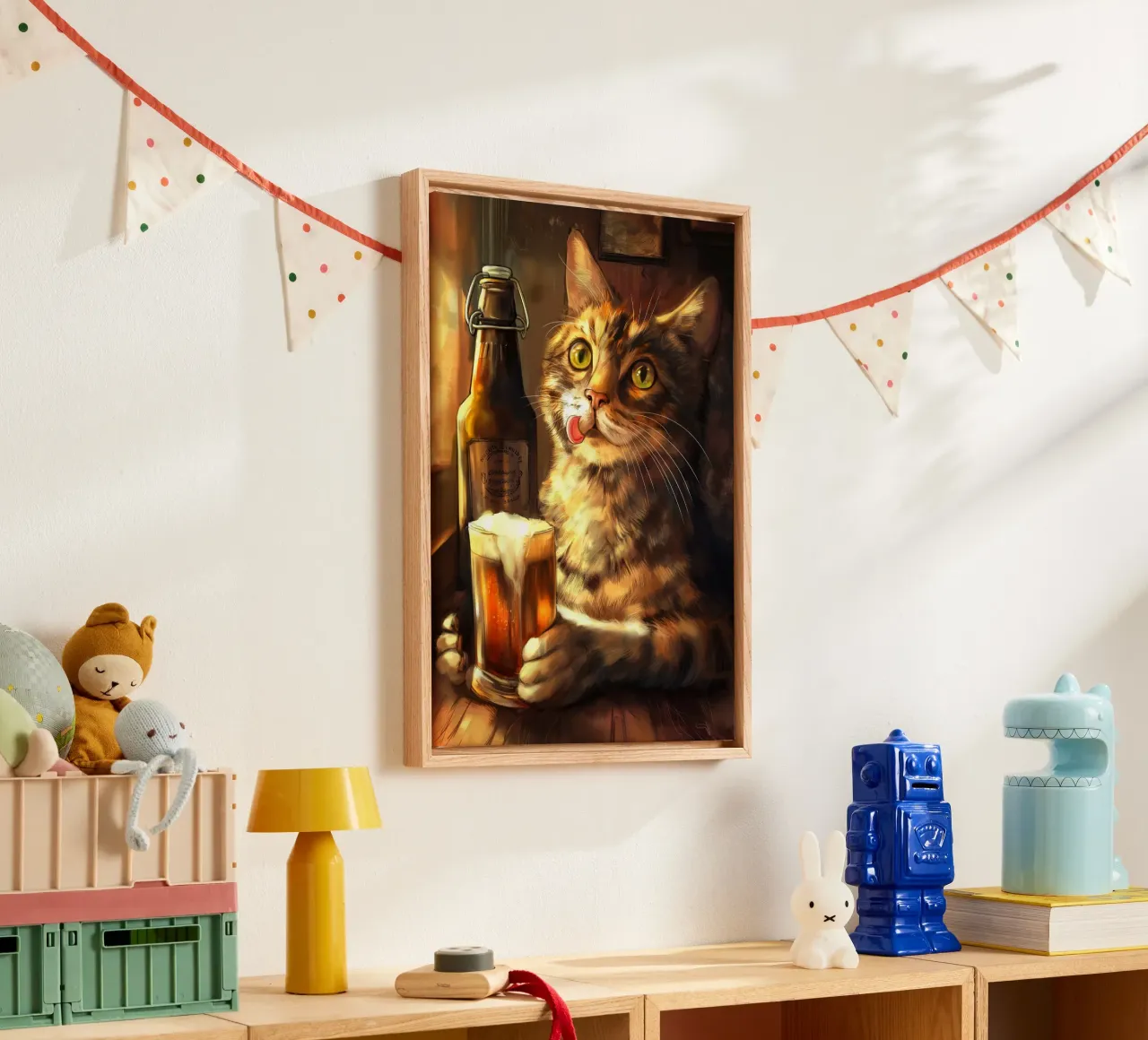 Il gatto beve birra tela con Cornice a cassetta da Fleur de Lys