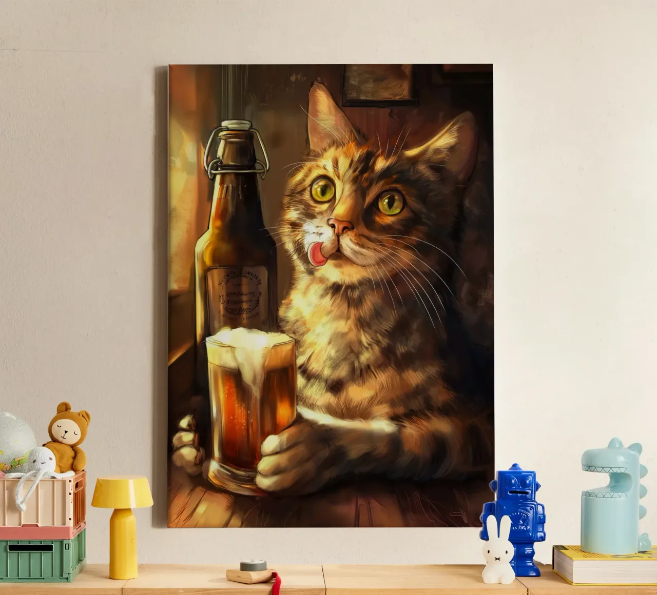 Il gatto beve birra tela con Cornice a cassetta da Fleur de Lys