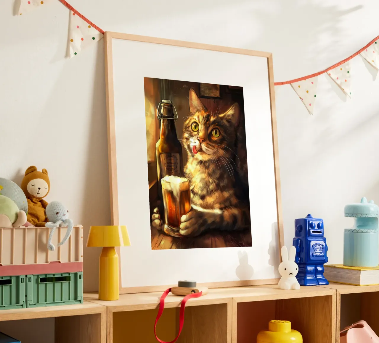Il gatto beve birra poster con telaio in alluminio da Fleur de Lys
