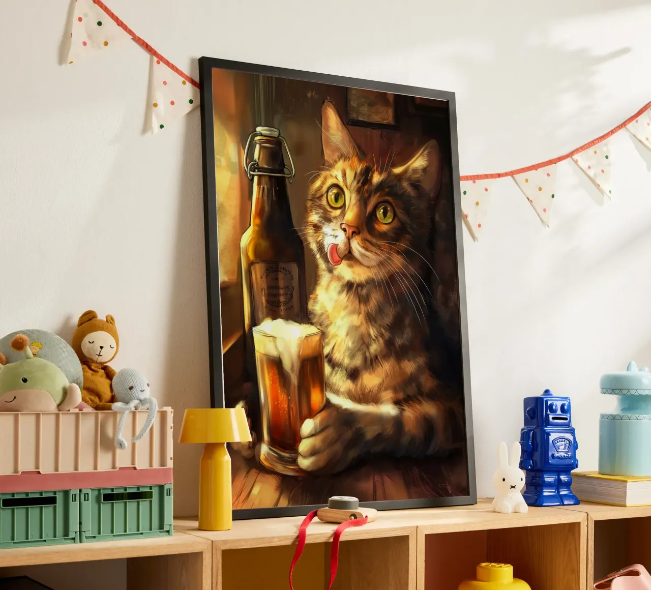 Il gatto beve birra poster con telaio in alluminio da Fleur de Lys