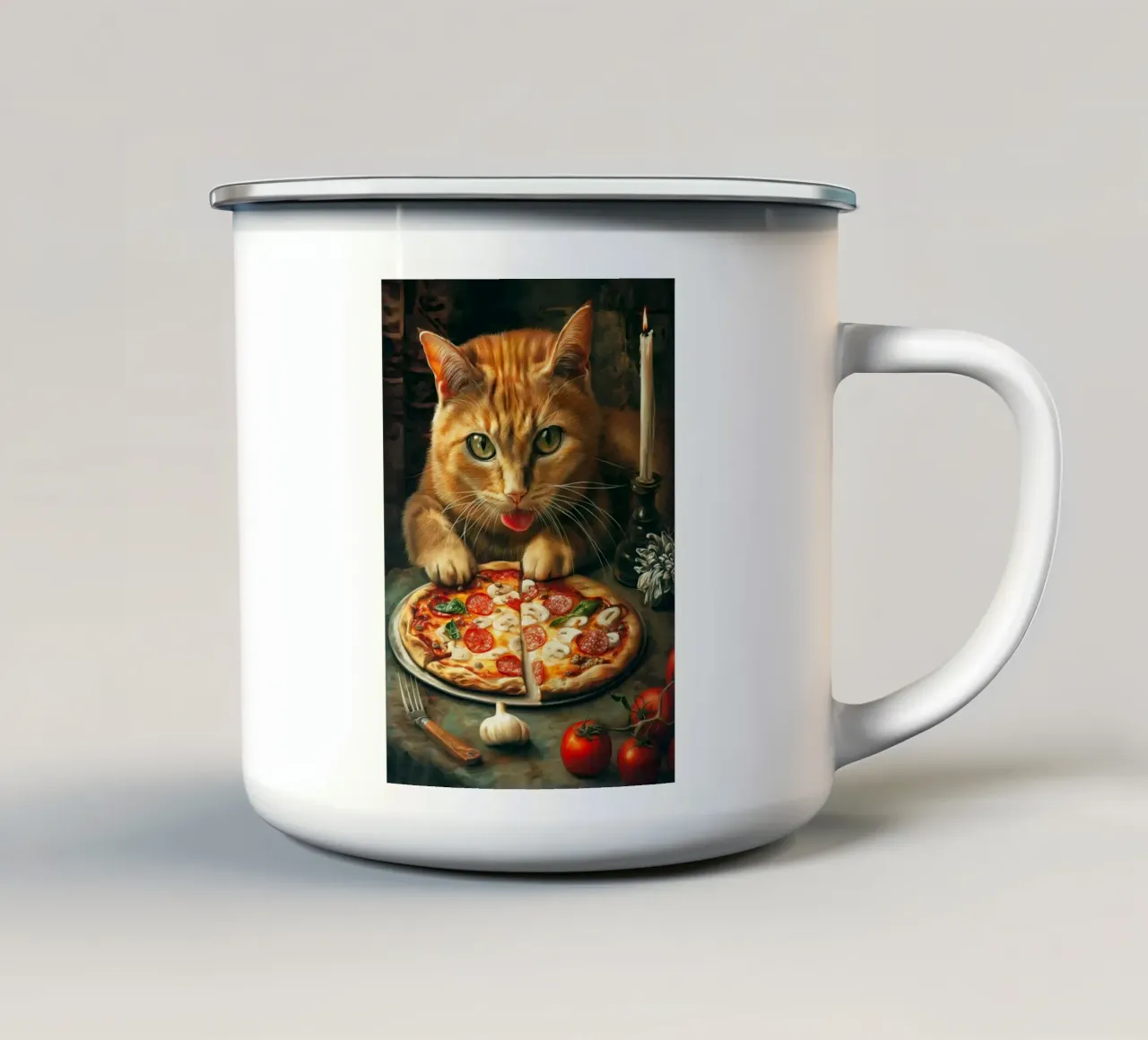 Cat Eats Pizza tazza in smalto da Fleur de Lys