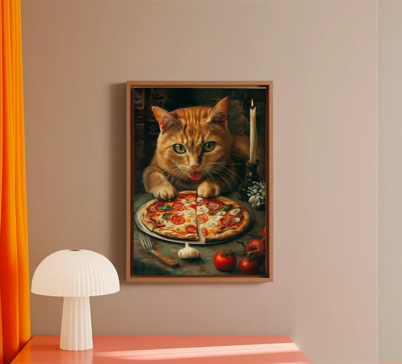 Cat Eats Pizza tela con Cornice a cassetta da Fleur de Lys