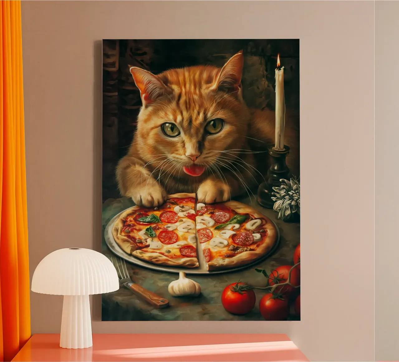 Cat Eats Pizza tela con Cornice a cassetta da Fleur de Lys