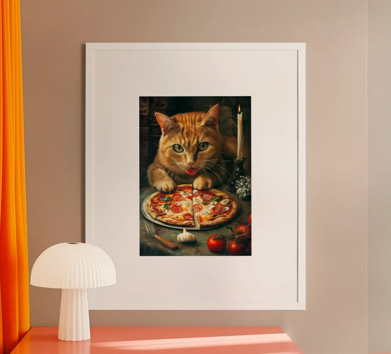 Cat Eats Pizza poster con telaio in legno da Fleur de Lys