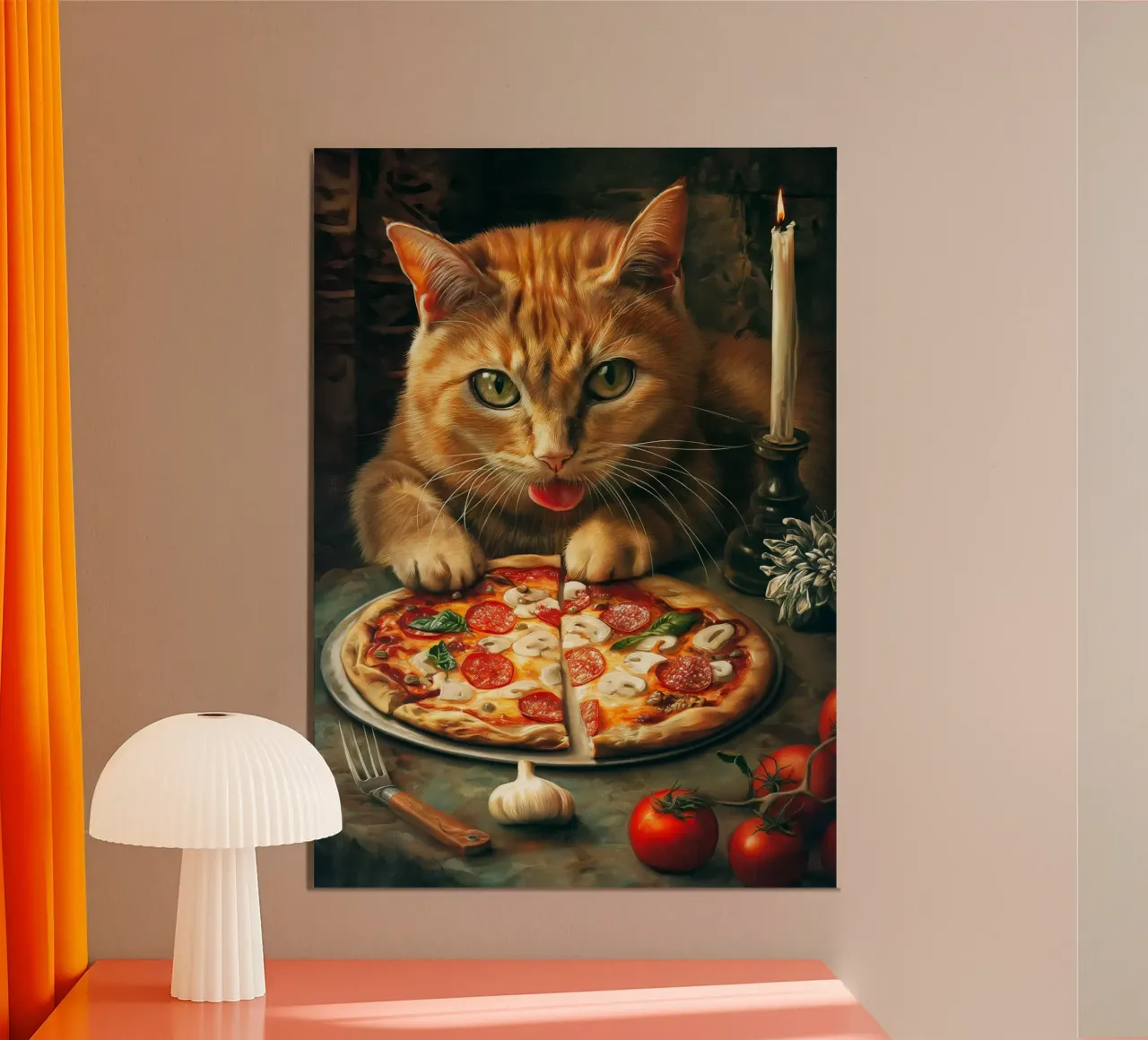 Cat Eats Pizza poster con telaio in legno da Fleur de Lys