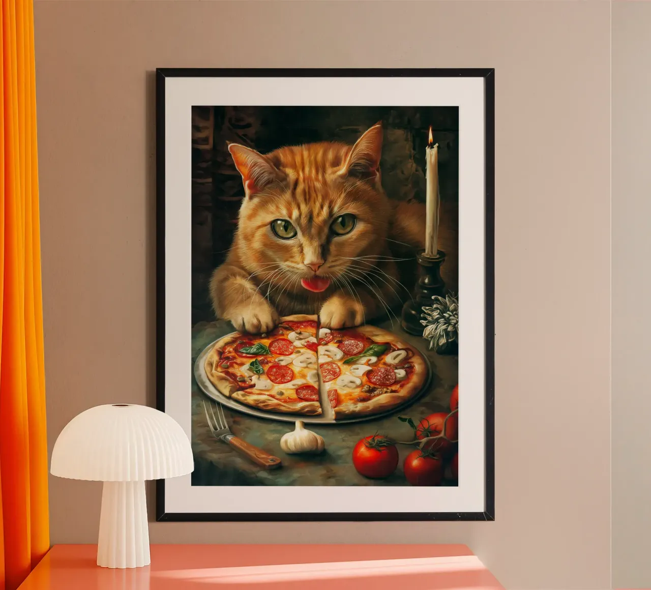 Cat Eats Pizza poster con telaio in legno da Fleur de Lys